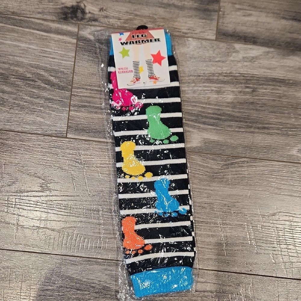 NWT Striped Leg Warmers Yes Coco with Colorful Footprints